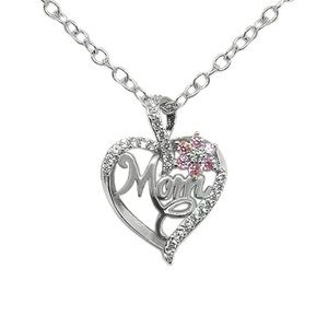 Mom Heart Silver Toned Diamond Flower Necklace